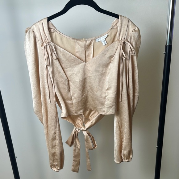 NWT TopShop Champagne Lightweight Silky Open Back Longsleeve Blouse Size 6 - Picture 1 of 9